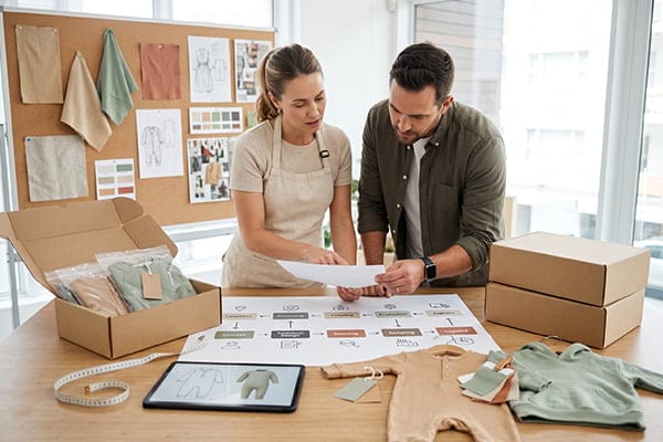 A designer and factory manager reviewing fabric swatches and tech packs